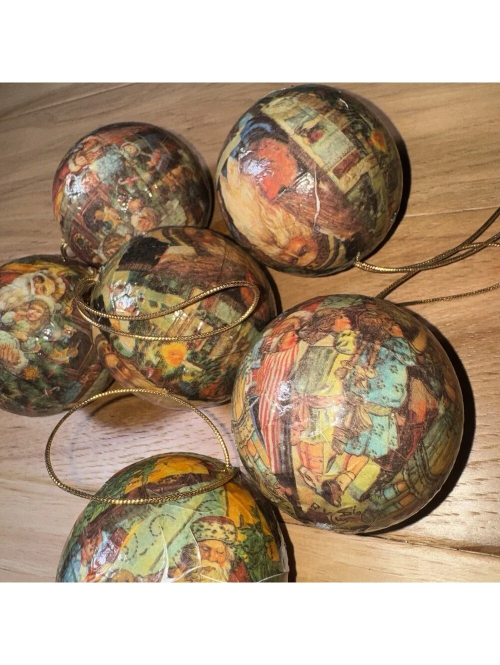 6 Vintage Decoupage Christmas Ornaments Lot Santa Victorian Style 2.5”Balls